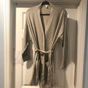 Long grey button down cardigan with waist tie & 2 front pockets